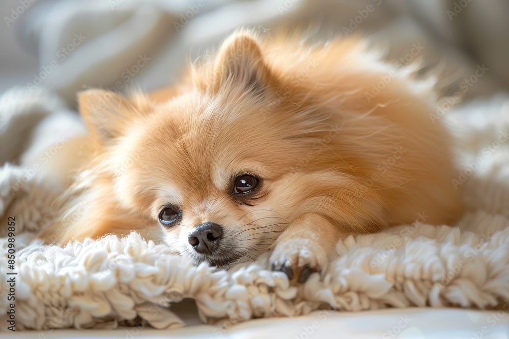 Adorable pomeranian dog lying on soft dog bed in home interior Adorable pomeranian dog lying on soft dog bed in home interior