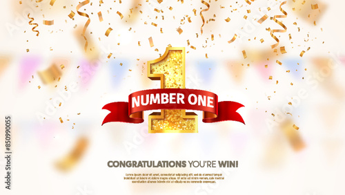 Win 1 place celebrating 3d vector illustration. Number one champion banner. Winner first number with red ribbon on falling down confetti light background.