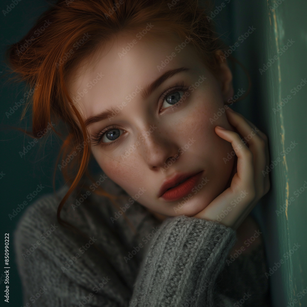 Beautiful redhead woman with freckles leaning against wall posing Beautiful redhead woman with freckles leaning against wall posing