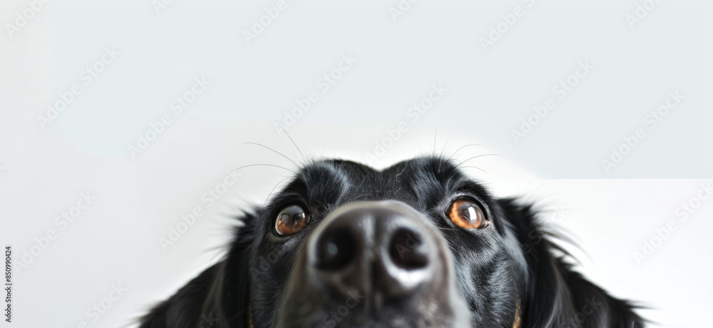 dog looking up, ears hanging down, white background, photo realistic, in the style of professional photography. 