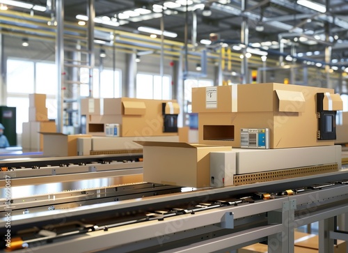 Wallpaper Mural Machines creating cardboard boxes, workers inspecting packaging, efficient packaging plant Torontodigital.ca