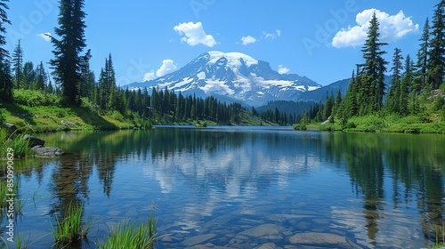 A mountain stands tall in the distance, its majestic peak framed by a serene lake in front and lush trees on the opposite shore