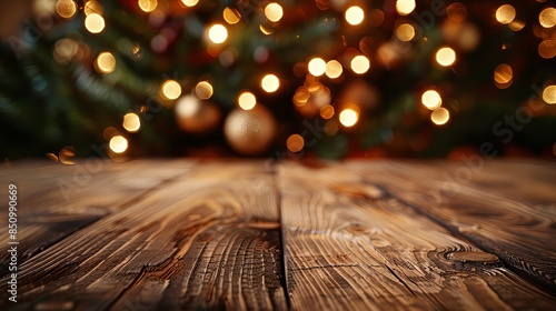 Wooden Tabletop With Christmas Lights photo