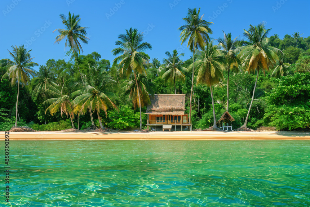 A tropical resort pool Beautiful tropical beach with palm trees and a clear blue sky , a panoramic view of an island village during summer vacation A tropical resort pool Beautiful tropical beach with palm trees and a clear blue sky , a panoramic view of an island village during summer vacation
