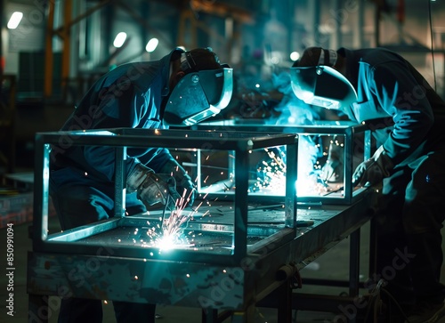 Wallpaper Mural Workers welding metal frames, metalworking tools and sparks, industrial furniture manufacturing Torontodigital.ca