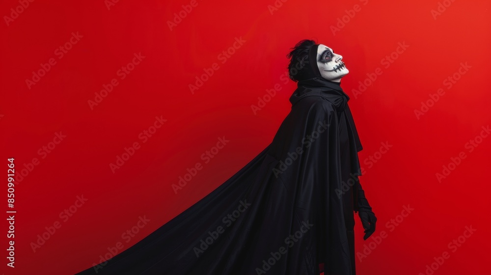 A person dressed in a vampire costume stands against a red background. They are wearing a black cape and have white face paint A person dressed in a vampire costume stands against a red background. They are wearing a black cape and have white face paint