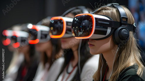 A group of children with virtual reality goggles seated at a classroom table looking away. Technology and virtual reality educational  © A2Z AI 