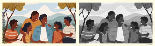 Joyful Family Getaway - Illustration of a Happy Family Sitting Together, Enjoying Vacation Vibes. Vector Illustration. EPS 10.