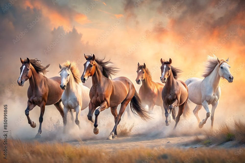 Wild Horses Running Free In The Open Plains At Sunset Wild Horses Running Free In The Open Plains At Sunset
