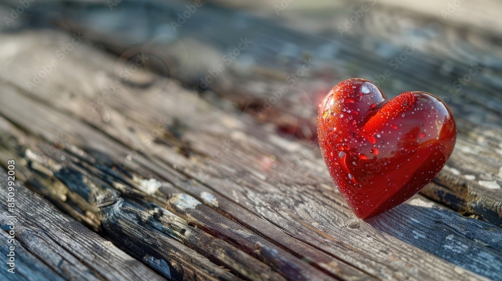 Fototapeta premium Valentine s Day theme with red heart on wooden surface