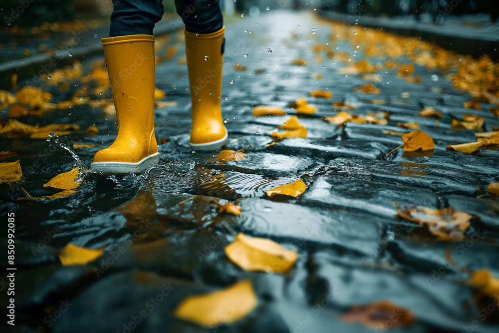 yellow rain boots walking through a puddle on a cobblestone street with fallen autumn leaves, close-up view yellow rain boots walking through a puddle on a cobblestone street with fallen autumn leaves, close-up view