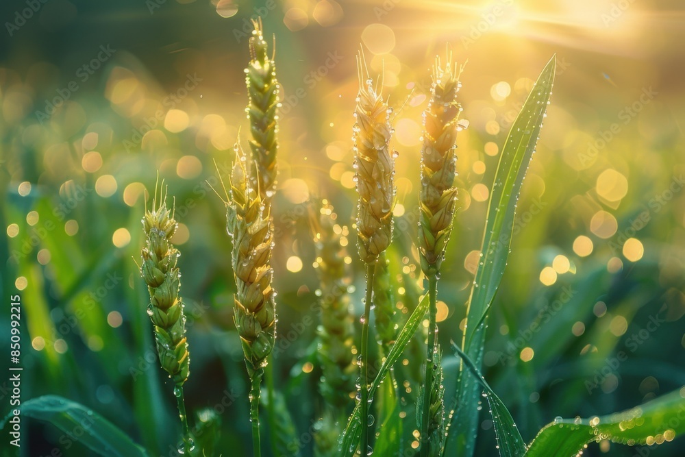Fototapeta premium Wheat shoots in the fields, morning dew.