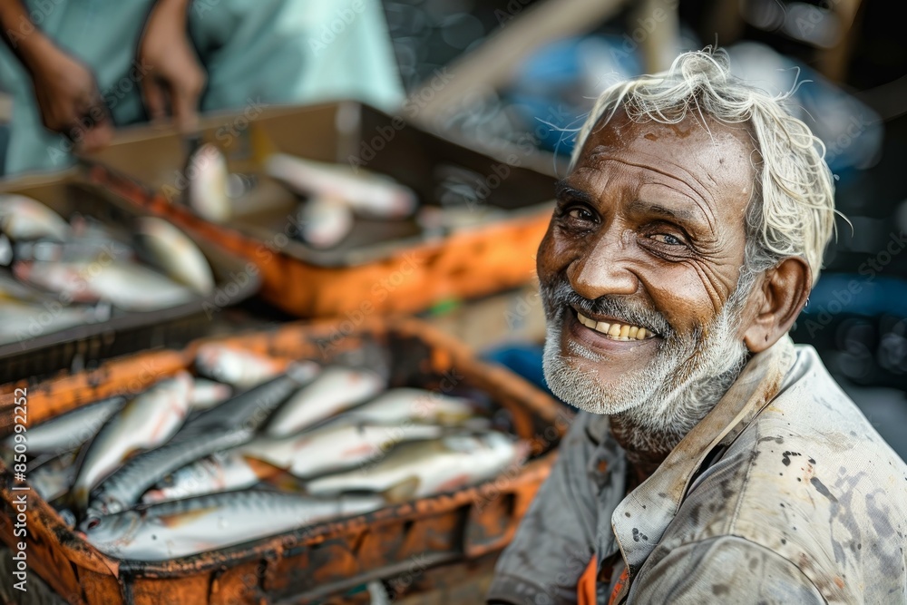 Portrait of a happy and cheerful elderly fish market vendor with a bright smile, selling fresh fish at his local outdoor cultural stall Portrait of a happy and cheerful elderly fish market vendor with a bright smile, selling fresh fish at his local outdoor cultural stall