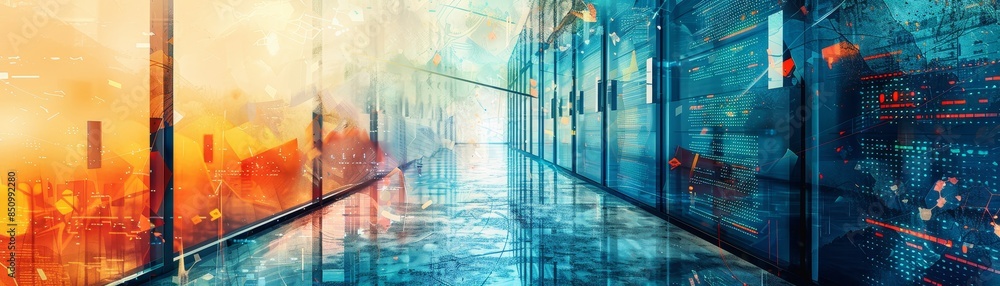 Fototapeta premium Futuristic abstract corridor with vibrant colors, digital patterns, and reflective surfaces creating a mesmerizing and dynamic visual experience.