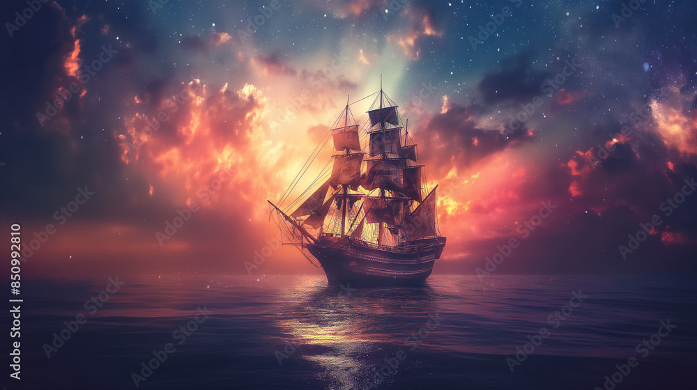 Fototapeta premium Old sailing ship floating on the ocean at sunset with dramatic sky