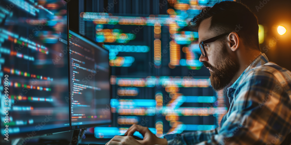 Fototapeta premium Developer or programmer coding on computer. Cybersecurity technology concept