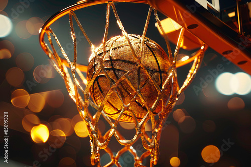 a basketball hoop with a gold net and a ball in the middle.