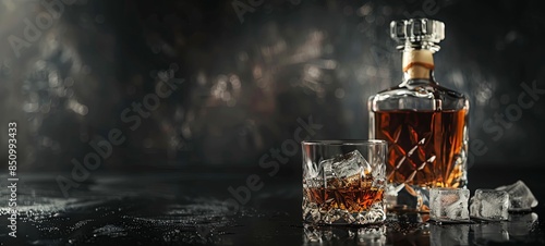 A glass and bottle of whiskey with an ice cube on a black bar background. copy space. luxury drink concept. 