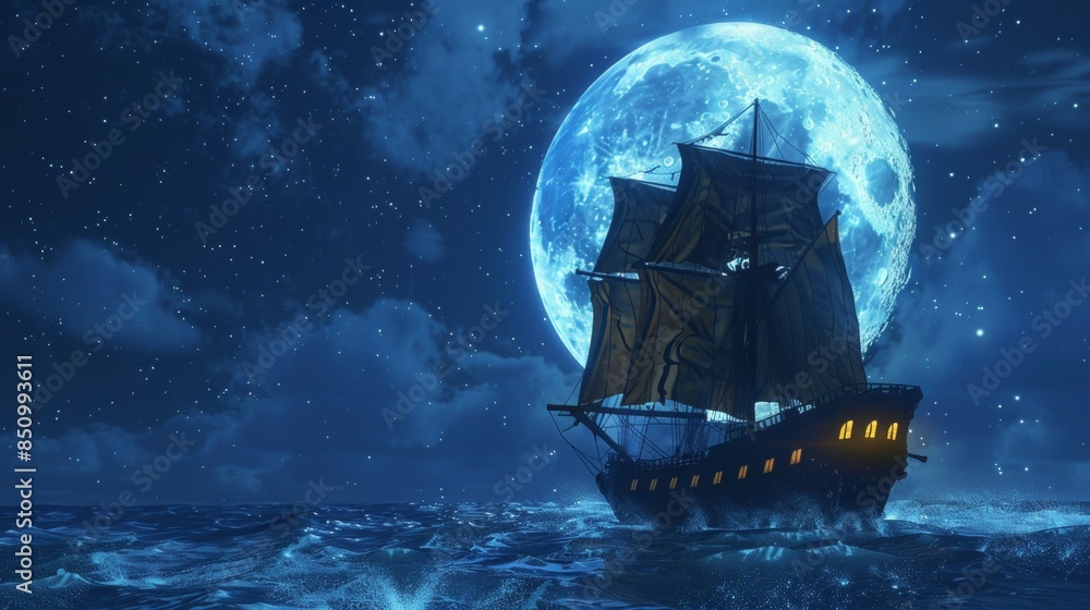 Sailing ship in sea water with giant moon. Sailing ship in sea water with giant moon.