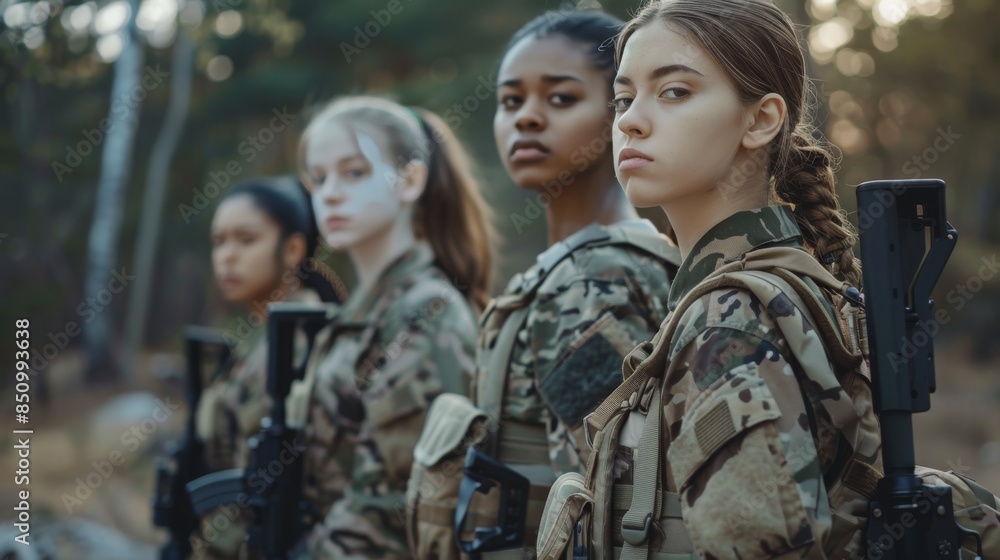 Diverse Female Soldiers Standing in Formation in a Forest Setting. Generative ai. Diverse Female Soldiers Standing in Formation in a Forest Setting. Generative ai.