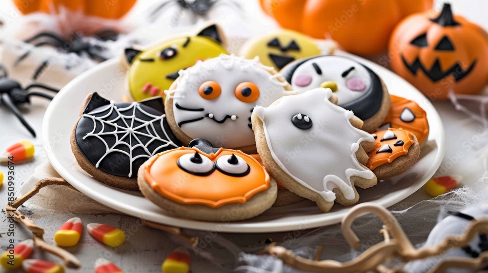 A plate of Halloween cookies, decorated with various Halloween themes, including pumpkins, ghosts, bats, and spiders, sits on a white background surrounded by candy corn