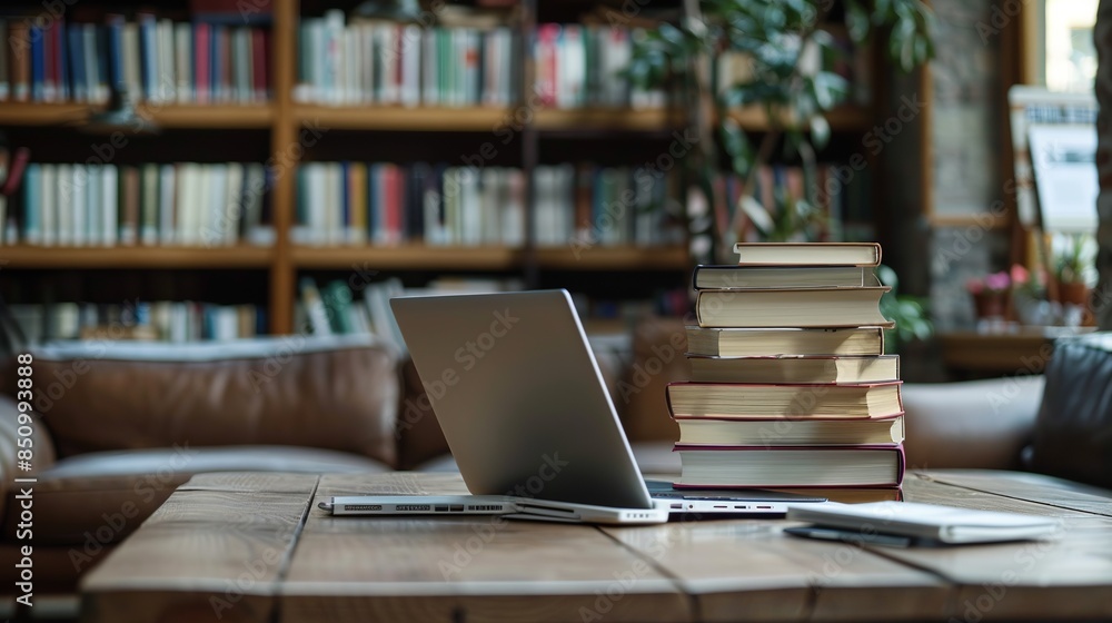 Books stacked alongside a laptop on a wooden table Books stacked alongside a laptop on a wooden table