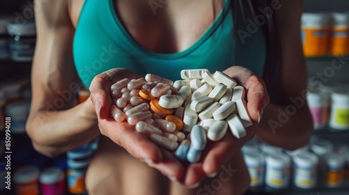 A woman in a sports bra holds a handful of different pills and capsules in her hands, likely for bodybuilding or fitness purposes.