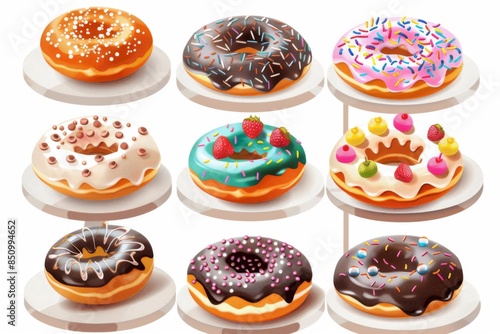 An assortment of mouthwatering donuts with colorful glazes and toppings, beautifully presented in a bakery showcase.