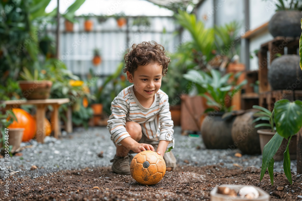 Fototapeta premium A young boy with curly hair crouches down and plays with a soccer ball in a dirt garden surrounded by plants and pots.