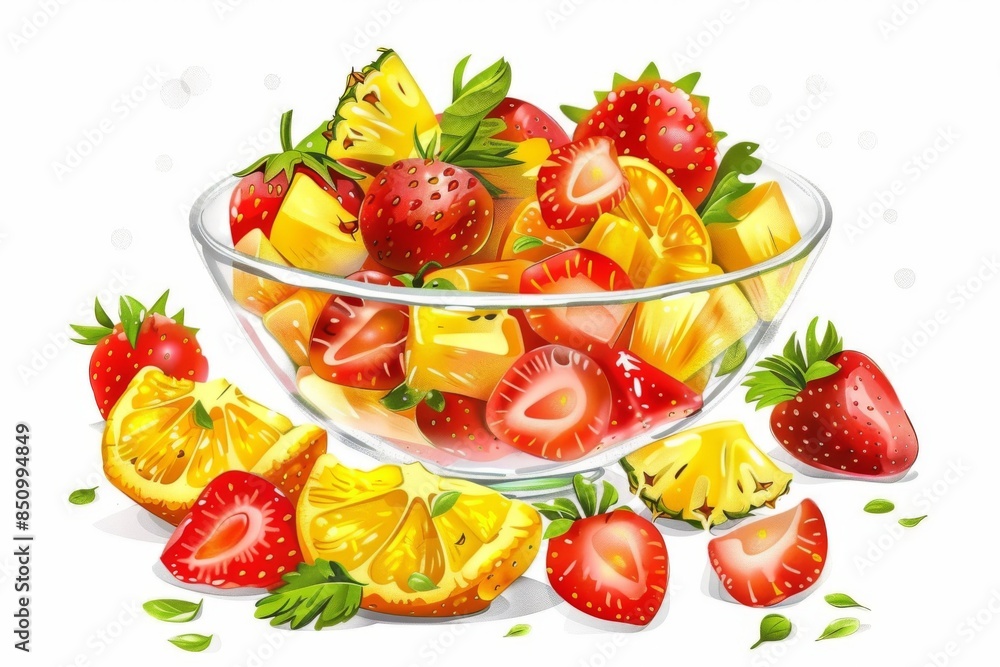 A mouthwatering fruit salad with ripe strawberries, oranges, and pineapple on a pristine white background. A mouthwatering fruit salad with ripe strawberries, oranges, and pineapple on a pristine white background.