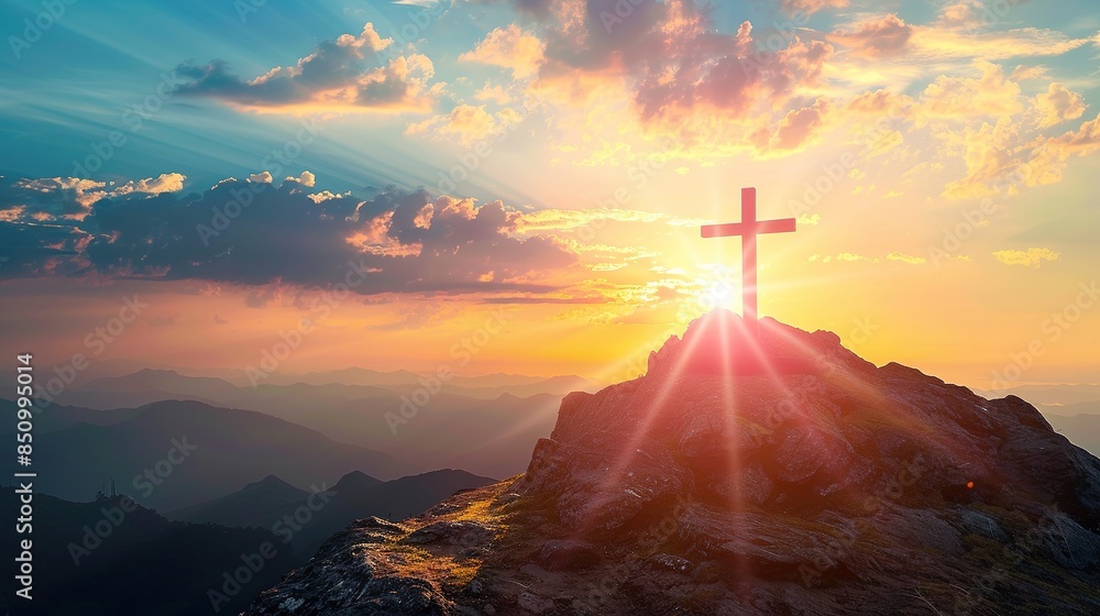 Silhouettes of crucifix symbol on top mountain with bright sunbeam on the colorful sky background Silhouettes of crucifix symbol on top mountain with bright sunbeam on the colorful sky background