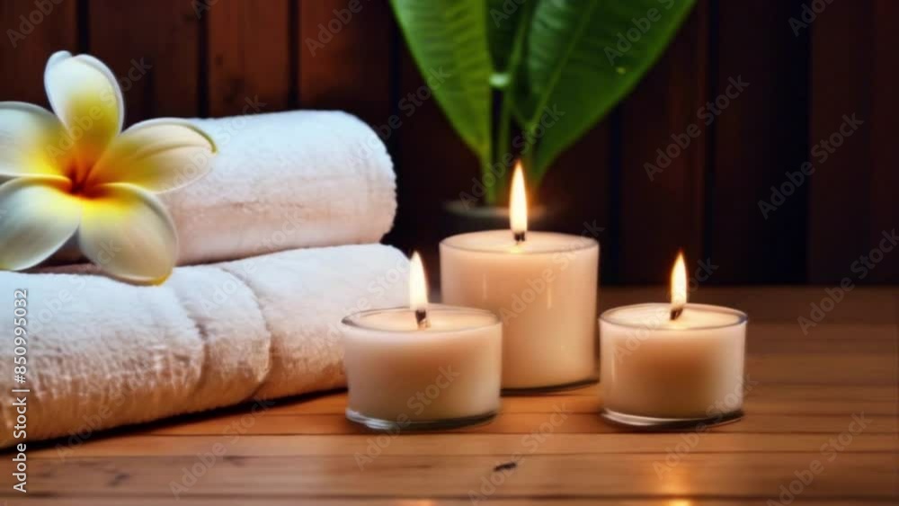Spa relaxing scene with candles and towels on wooden background.Serene atmosphere for relaxation and wellness, concept for beauty salons. Spa relaxing scene with candles and towels on wooden background.Serene atmosphere for relaxation and wellness, concept for beauty salons.