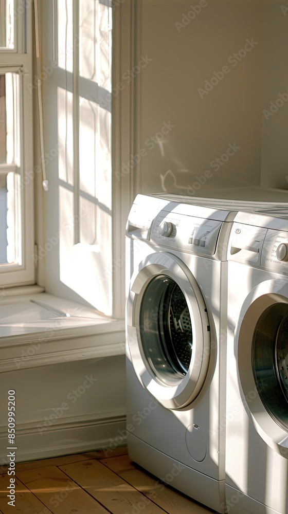 a modern white laundry room interior featuring a washing machine and dryer, with a window positioned on the left side. a modern white laundry room interior featuring a washing machine and dryer, with a window positioned on the left side.