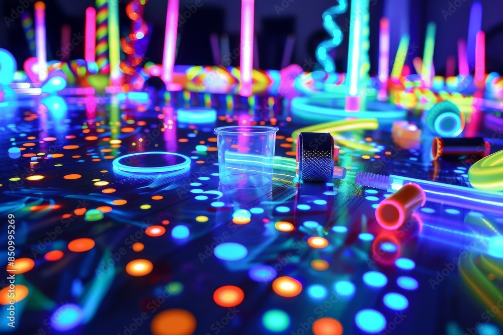 An electrifying illustration of a dance floor brought to life with an array of vibrant glow sticks and glow-in-the-dark accessories. An electrifying illustration of a dance floor brought to life with an array of vibrant glow sticks and glow-in-the-dark accessories.