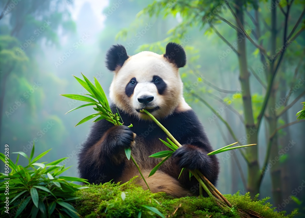 Fototapeta premium An Adorable Panda Bear Sits On A Rock In The Middle Of A Bamboo Forest And Eats Bamboo.