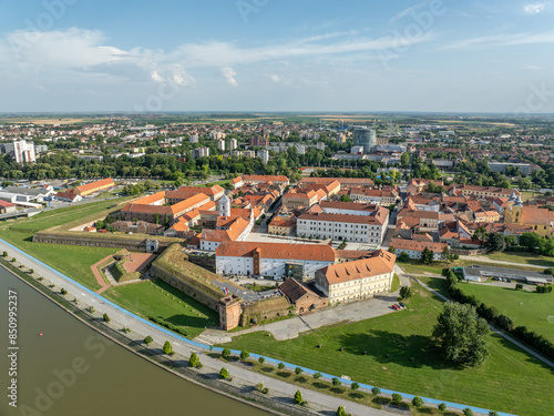 Fototapeta Naklejka Na Ścianę i Meble -  Croatia, Osijek, Eszék - Aerial view of Drava river and Tvrdja old town in city of Osijek with famous castle