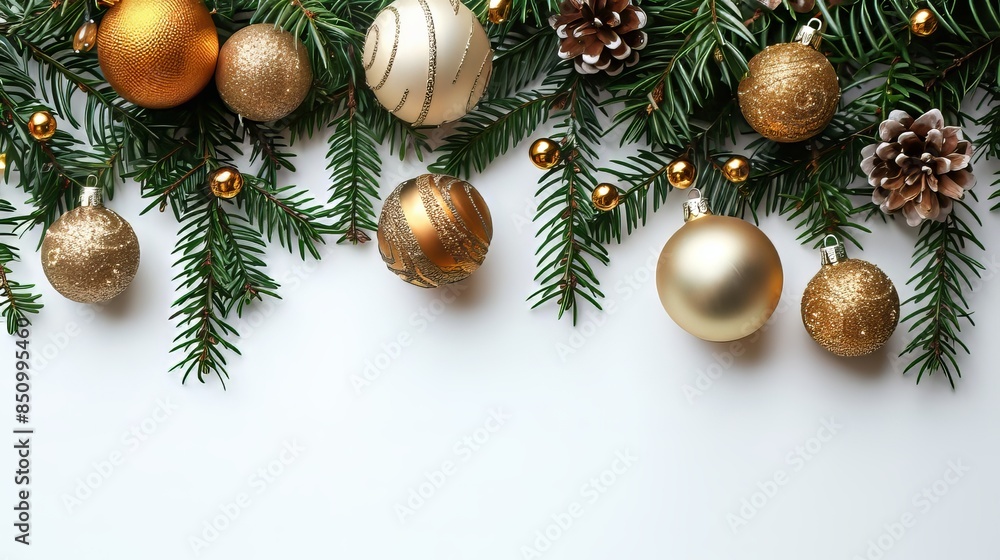 Gold And White Ornaments On Pine Branches Gold And White Ornaments On Pine Branches