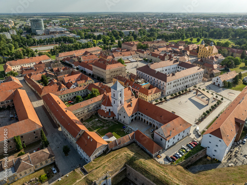 Croatia, Osijek, Eszék - Aerial view of Drava river and Tvrdja old town in city of Osijek with famous castle photo