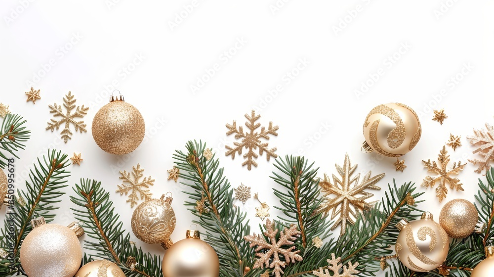 Golden Christmas Decorations on White Background Generative AI Golden Christmas Decorations on White Background Generative AI