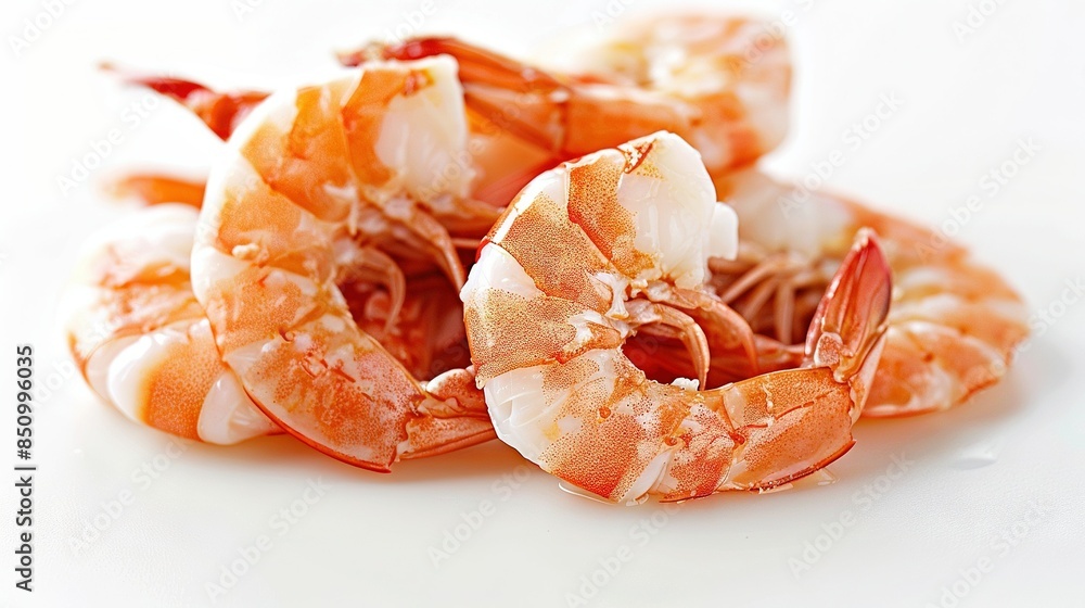 A white table holds a pile of cooked shrimp and a single slice of broccoli nestled atop two more pieces A white table holds a pile of cooked shrimp and a single slice of broccoli nestled atop two more pieces