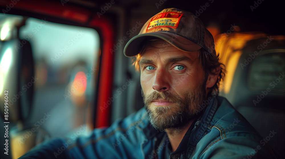 Portrait of a driver man in a truck. Portrait of a driver man in a truck.