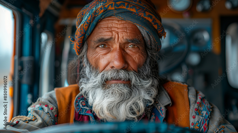 Portrait of a driver man in a truck. Portrait of a driver man in a truck.