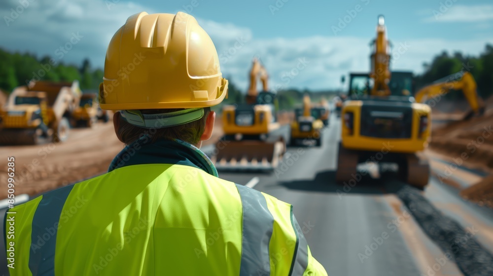 Engineer in safety vest and helmet overseeing highway construction, large machinery at work, clear blue sky, progress evident, rear view Engineer in safety vest and helmet overseeing highway construction, large machinery at work, clear blue sky, progress evident, rear view