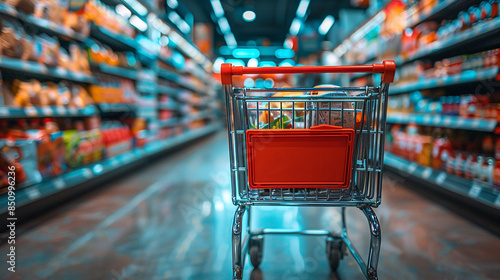 closeup photo of shopping cart trolley filled with household goods and parked between shelves in a supermarket 