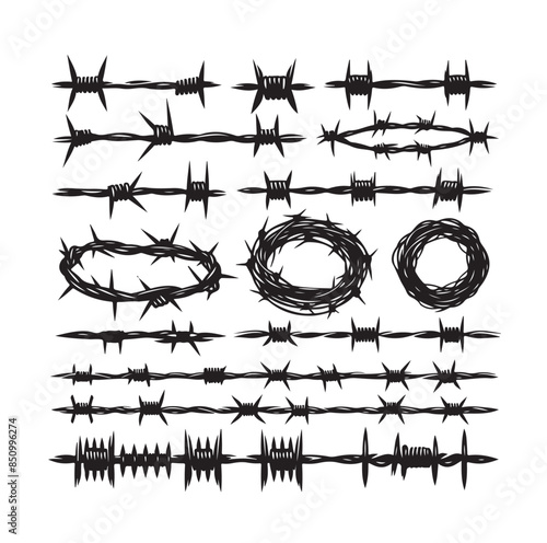 
Barber Wire set isolated white background. Razor Wire in trendy minimal geometric style. Brutal prison fence collection. Vector illustration can used web design