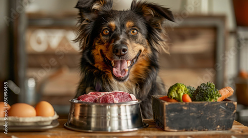 Happy dog with a stainless steel dog bowl with raw meat, carrots and broccoli inside, raw eggs. Healthy raw food for dog. Generative ai.