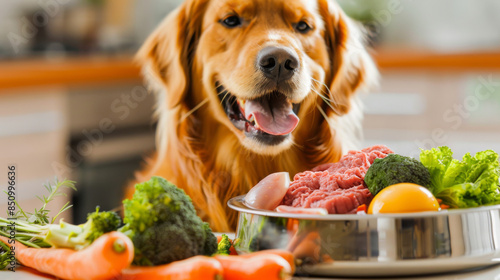 Cut dog with dog bowl with raw meat, ground turkey meat, carrots, broccoli, raw egg yolk on top. Healthy raw food for dog. Generative ai.