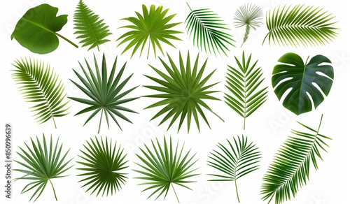 A collection of various tropical palm leaves isolated on a white background. The leaves are of different shapes, sizes, and shades of green, showcasing the diversity of palm flora. © panumas