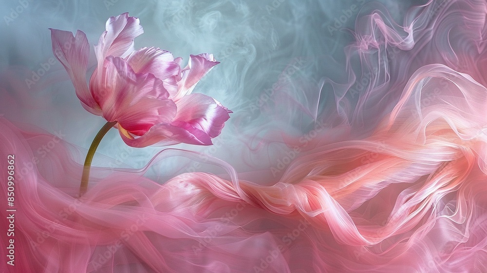 A vibrant pink blossom perched atop a verdant green meadow, adjacent to a stunning blue and pink mural A vibrant pink blossom perched atop a verdant green meadow, adjacent to a stunning blue and pink mural