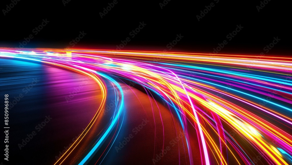 A vibrant display of neon light trails against a dark background, creating a sense of dynamic motion and speed. A vibrant display of neon light trails against a dark background, creating a sense of dynamic motion and speed.